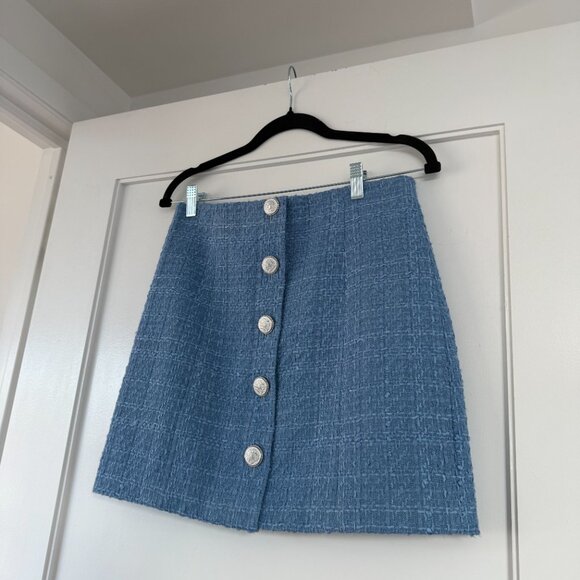 Veronica Beard Tweed Mini Skirt Sz 4 Blue Decorative Crest Button Down - Picture 5 of 9